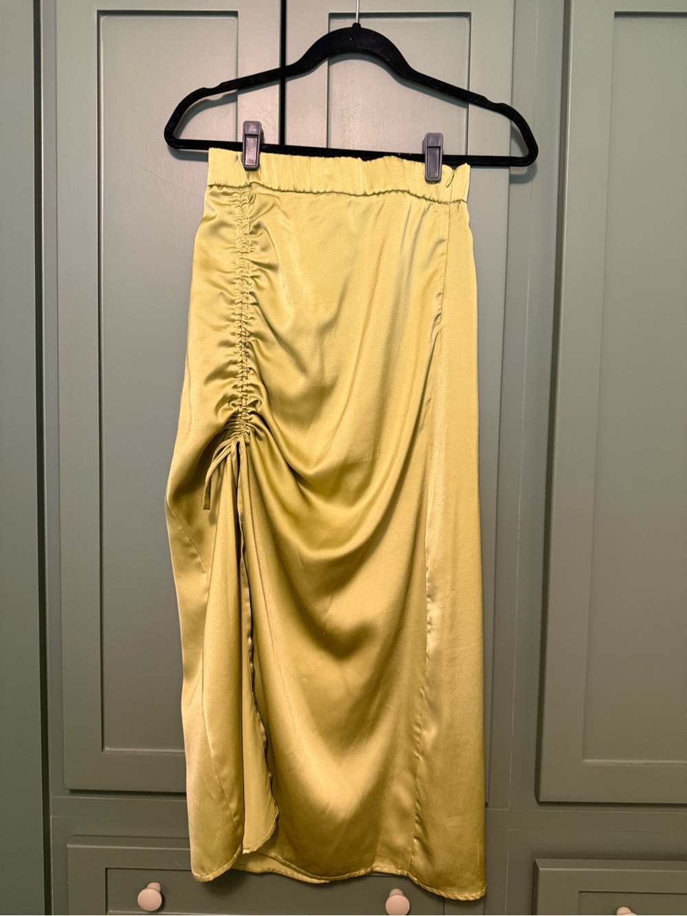 Lena Satin Ruched Midi Skirt in Lime Green